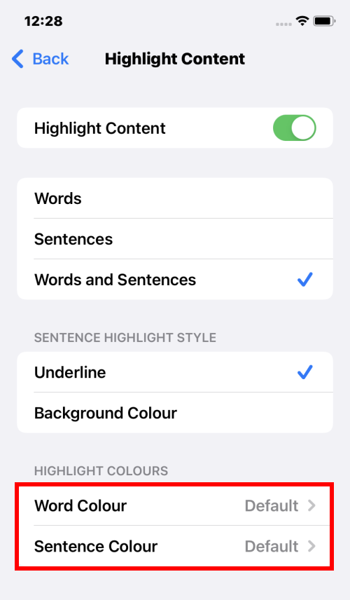 Tap Word Colour or Sentence Colour to change the colour of the highlight